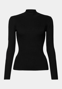 Schwarzer gerippter Rollkragenpullover mit langen Ärmeln, figurbetontem Design und glatter Textur. Keine sichtbaren Muster oder Hardware-Akzente.