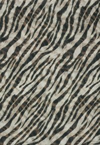 Faux fur fabric with a black and beige tiger stripe pattern; soft texture with varied lengths, creating a layered appearance.