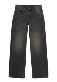 Jean noir à jambes larges avec légère décoloration sur les cuisses, fermeture à boutons à l'avant et design à cinq poches sur fond blanc.