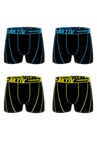 Shorts de boxeur noirs avec des accents bleus et jaunes. Dotés d'une taille logo et de lignes contrastées tout au long du design. Quatre pièces affichées.