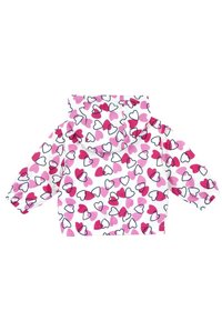 Giacca antipioggia colorata con motivo a cuori rosa e neri su sfondo bianco. Include cappuccio e polsini elastici. Materiale leggero.