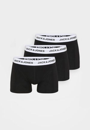 Trzy pary czarnych bokserków męskich z białym elastycznym paskiem w talii z napisem "JACK & JONES" w kolorze czarnym. Gładka tekstura, dopasowany krój.