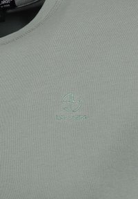 T-shirt en coton vert menthe avec un col rond. Présente un logo brodé subtil dans un fil assorti sur la poitrine. Texture douce.