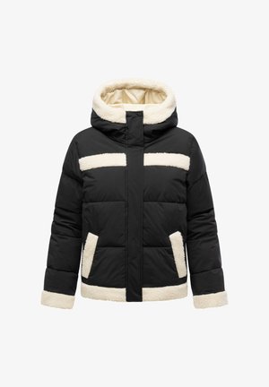 Sort polstret jakke med cremefarvet sherpa-foring på hætte, manchetter, lommer og bryststriber, frontlynlås og synlige sidelommer.