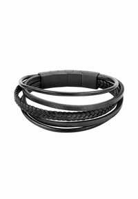 Bracciale in pelle nera con più fili intrecciati: lisci, intrecciati e piatti, dotato di un fermaglio magnetico texturizzato.