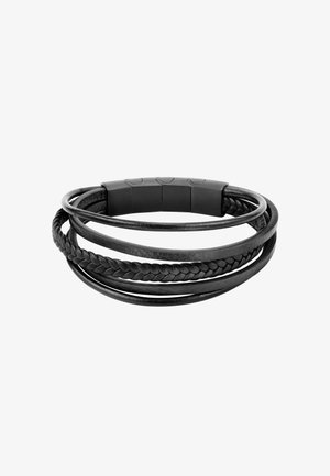 Bracciale in pelle nera con più fili intrecciati: lisci, intrecciati e piatti, dotato di un fermaglio magnetico texturizzato.