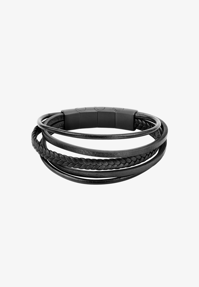 Bracciale in pelle nera con più fili intrecciati: lisci, intrecciati e piatti, dotato di un fermaglio magnetico texturizzato.
