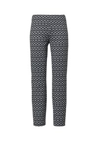 Czarno-białe spodnie w wzory, charakteryzujące się geometrycznym wzorem, slim fit, gładką teksturą, średnim stanem i zwężanymi nogawkami.