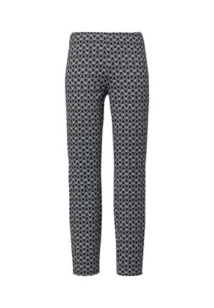 Black and white patterned pants featuring a geometric design, slim fit, smooth texture, with a mid-rise waistband and tapered leg.