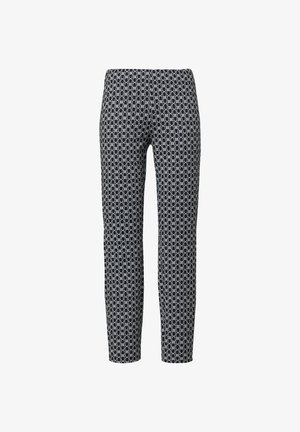 Czarno-białe spodnie w wzory, charakteryzujące się geometrycznym wzorem, slim fit, gładką teksturą, średnim stanem i zwężanymi nogawkami.