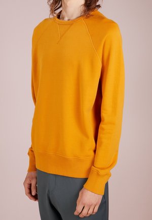 Person trägt ein senfgelbes Sweatshirt mit langen Ärmeln, gerippten Bündchen und Saum, kombiniert mit dunkelgrauen Hosen, steht vor einem einfarbigen Hintergrund.