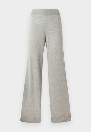 Pantalons en tricot gris à jambes larges avec une taille et des poignets côtelés, présentant une texture lisse et sans motifs ni éléments matériels visibles.