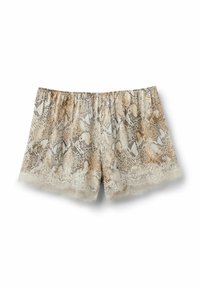 Shorts med spetsdetaljer i brunt och beige ormskalemönster. Mjuk, lätt tyg med elastisk midja och scallop-edged spetsdetaljer.
