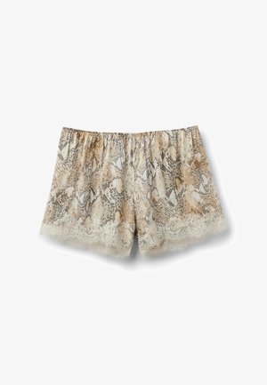Shorts med spetsdetaljer i brunt och beige ormskalemönster. Mjuk, lätt tyg med elastisk midja och scallop-edged spetsdetaljer.
