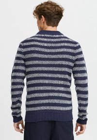 Maglione lavorato a maglia con righe orizzontali blu navy e bianche, colletto e polsini a costine, e tessuto testurizzato. La vista posteriore rivela il motivo dei punti.
