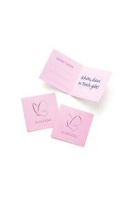 Roza zahvalna kartica s logotipom metulja. Znotraj je natisnjeno sporočilo v modri barvi in prazne vrstice za personalizacijo.