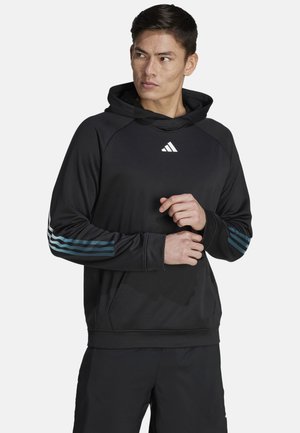 Schwarzer Sporthoodie mit Kängurutasche, verstellbarem Kapuzen und türkisfarbenen drei Streifen Akzenten an den Ärmeln. Mit einem weißen Logo auf der Brust.