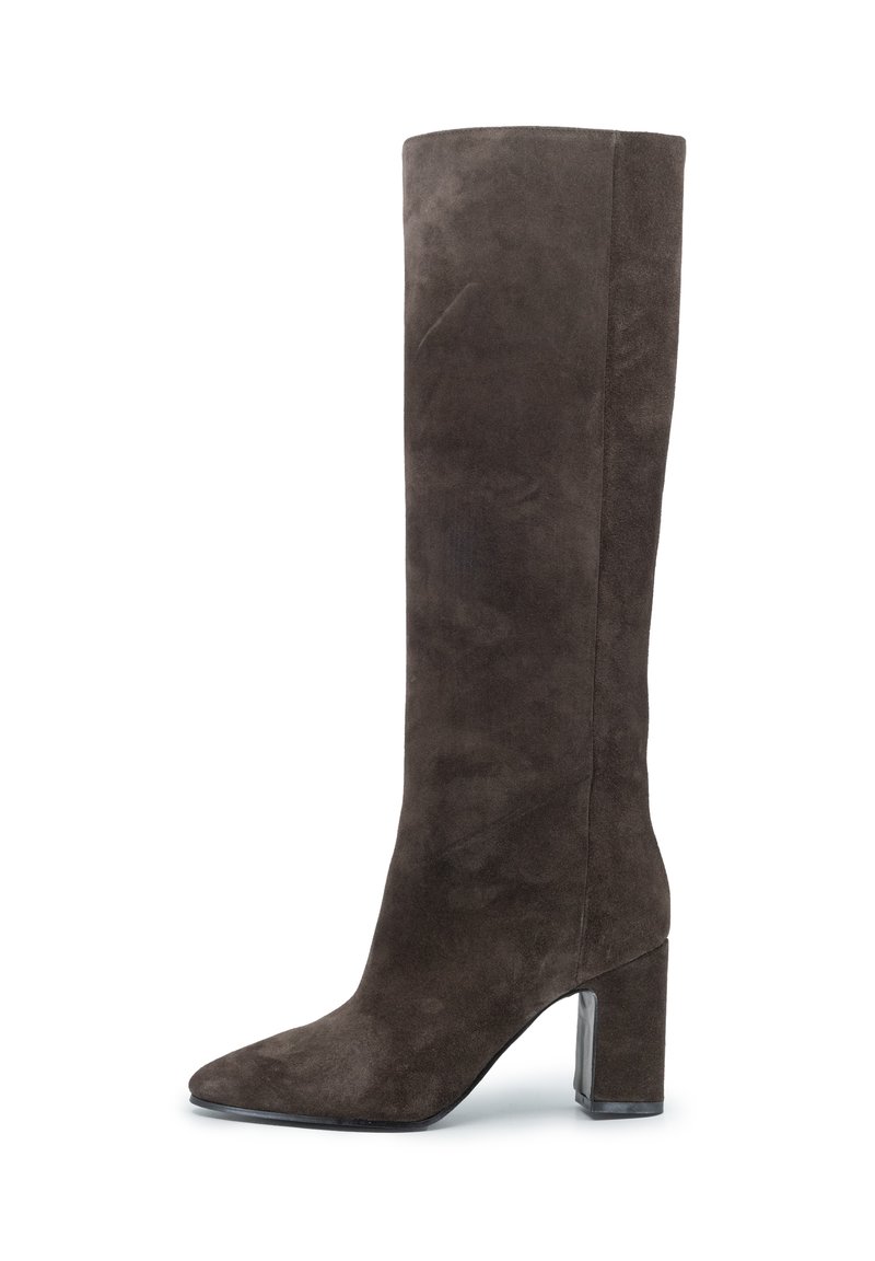 Stivale alto in suede marrone con tacco a blocco e punta affusolata, mostrato in profilo laterale su sfondo bianco.