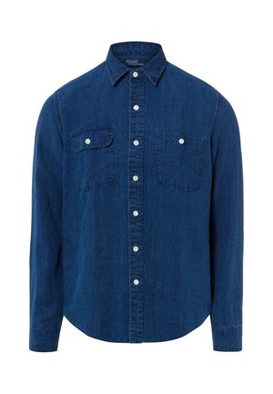 Long-sleeve dark blue denim shirt with buttoned front and two chest pockets, one with a flap and button, the other open with button.