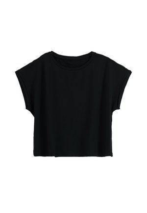 Tricou negru, cu mâneci scurte și croială scurtă, cu decolteu rotund și croială lejeră, pe un fundal alb.
