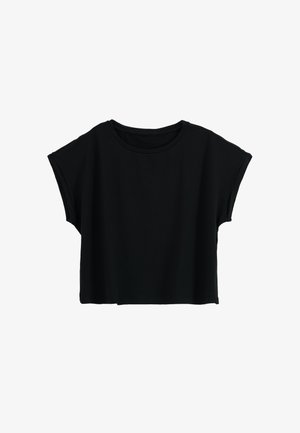 T-shirt court à manches courtes noir avec un col rond et une coupe décontractée sur fond blanc.