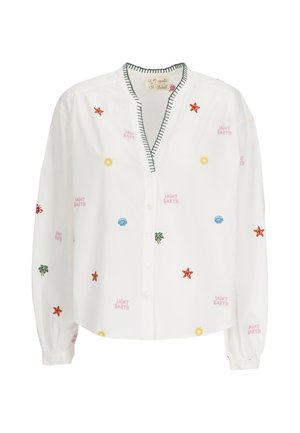 Camicia bianca a maniche lunghe con bottoni, colletto ricamato in nero e piccole stampe colorate di stelle marine, palme, soli, conchiglie e testo ""Saint Barth"".