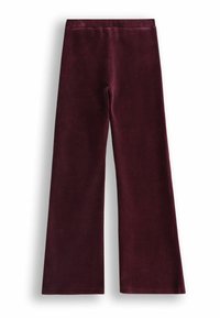Bordowe, szerokie spodnie z korduroyu z miękką teksturą i elastycznym pasem. Posiadają pionowe prążkowanie jako dodatkowy detal.
