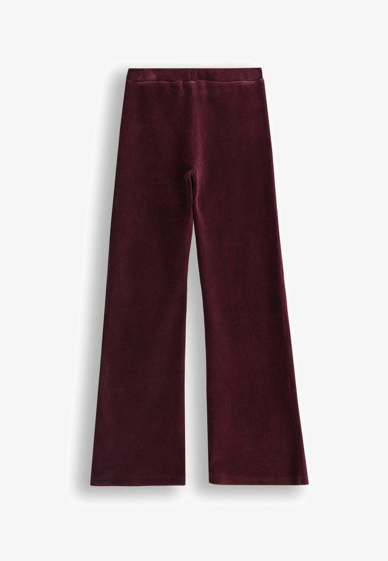 Bordowe, szerokie spodnie z korduroyu z miękką teksturą i elastycznym pasem. Posiadają pionowe prążkowanie jako dodatkowy detal.