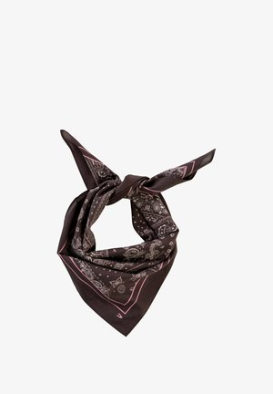 Dunkelbraunes Bandana mit pinken und weißen Paisley-Mustern, gefaltet und locker geknotet vor weißem Hintergrund.