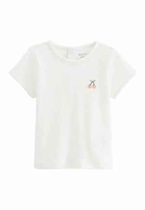 T-shirt en coton blanc à côtes avec des manches courtes. Doté d'une petite broderie de cerise rose à l'avant. Encolure ronde et tissu texturé.