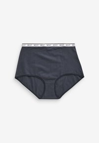 Slip di cotone grigio scuro a vita alta con una cintura elastica bianca su cui è riportata la scritta "NEXT" ripetuta. Texture liscia con bordini neri a contrasto.