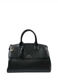 Black leather handbag with dual handles, secure lock accent, A|X logo in gold on the front, and smooth texture.