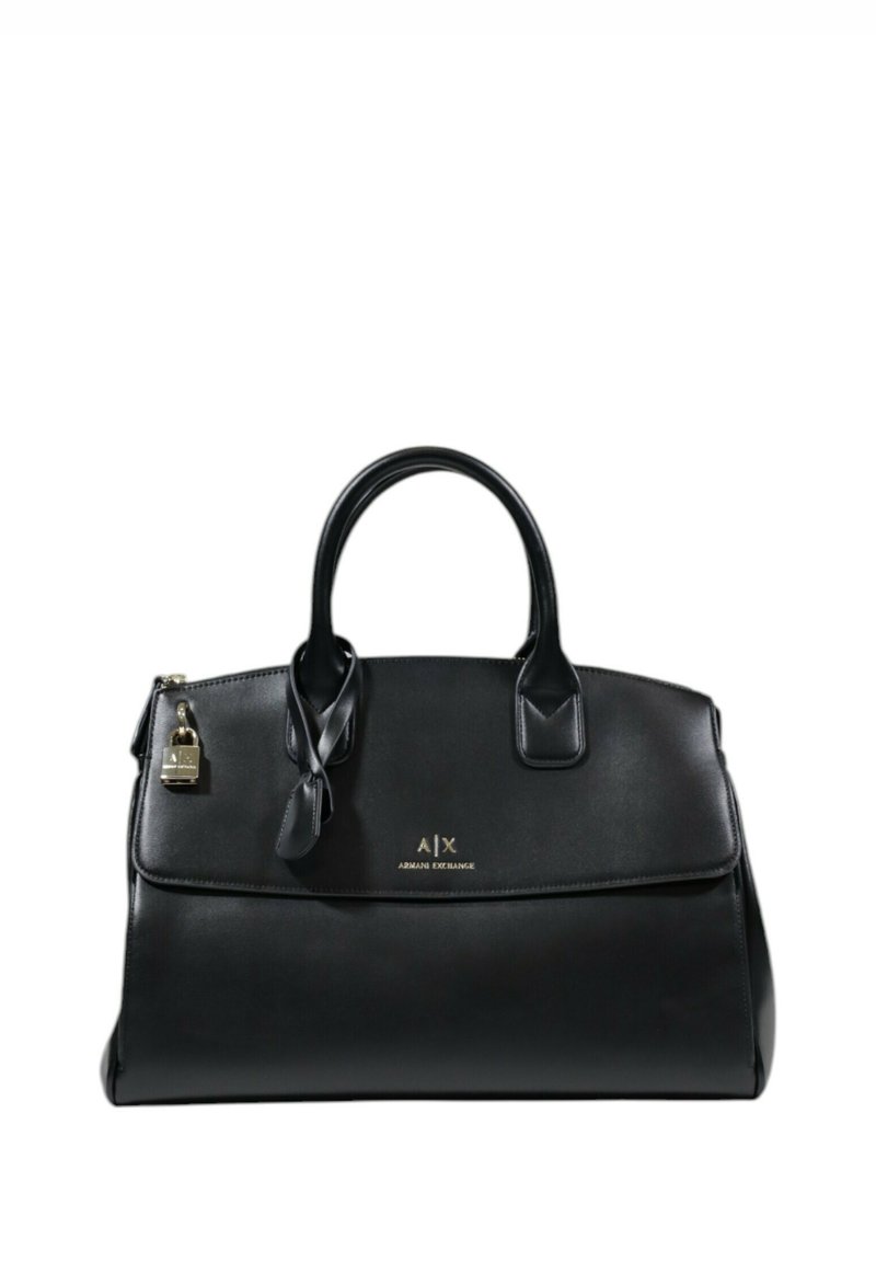 Black leather handbag with dual handles, secure lock accent, A|X logo in gold on the front, and smooth texture.