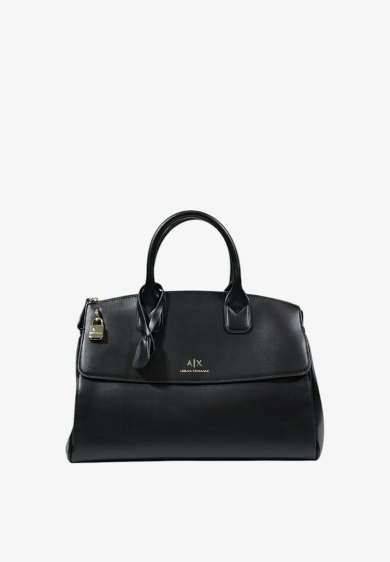 Black leather handbag with dual handles, secure lock accent, A|X logo in gold on the front, and smooth texture.