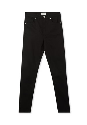 Czarne wąskie dżinsy wykonane z denimu, charakteryzujące się klasycznym pięciokomorowym wzorem oraz metalowymi elementami, w tym zapięciem na guzik z przodu i zamkiem błyskawicznym.
