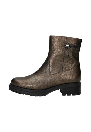 Metalen bronzen enkellaarsjes met een gestructureerde afwerking, een rits aan de zijkant en een stevige zwarte zool. Ontworpen voor zowel stijl als comfort.