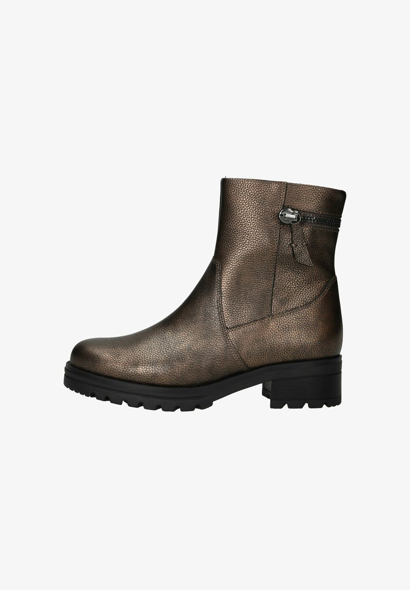 Metallic bronze ankle boots with a textured finish, side zipper, and a chunky black sole. Designed for both style and comfort.