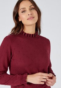 Pullover bordeaux con colletto a costine e motivo testurizzato di piccole palline. Presenta polsini aderenti e tessuto a maglia morbida.