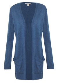 Přední otvorený kardigan v tmavě modré barvě, s dlouhými rukávy, texturovanou pleteninou, dvěma předními kapsami a žebrovanými manžetami a lemem.