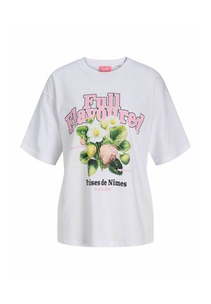 Tricou alb cu mâneci scurte, text roz "Full Flavoured", o ilustrație cu o plantă de căpșuni și inscripția "Fraises de Nîmes France 1960" imprimată dedesubt.