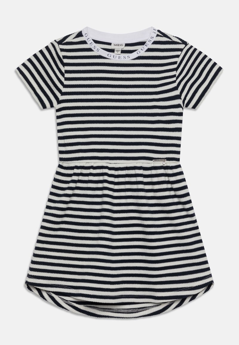 Sukienka w paski z granatowo-białymi poziomymi paskami, prążkowana tkanina, krótkie rękawy i okrągły kołnierzyk z detalem logo.