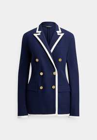 Temno modro blazer z belim robom, dvoredni zlat gumbki, ovratnik z zarezo, prsni žep in dva sprednja žepa z zaponkami.