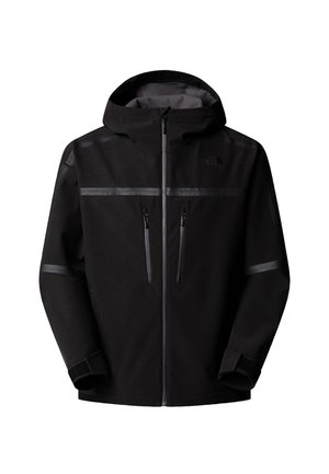 Black waterproof jacket with a hood, featuring two zippered chest pockets, reflective stripes, and adjustable cuffs. Smooth exterior texture.