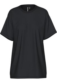 Svart t-shirt med korta ärmar och rund halsringning, tillverkad av ett mjukt tyg. Har en avslappnad passform och minimala sömnadsdetaljer.