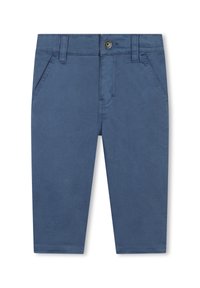 Blauwe katoenen shorts met een vlakke voorkant, riemlussen en twee voorzakken. Soepele textuur en rechte snit, geschikt voor warm weer.
