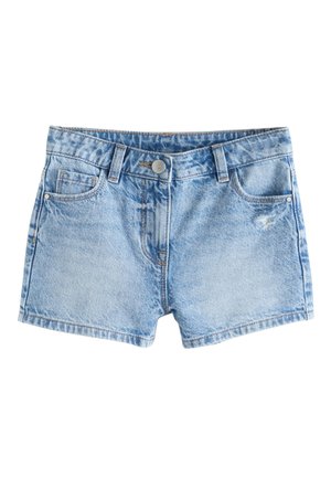 Lyseblå denimshorts med knaplukning, bæltestropper, forlommer og en lille slidte detalje på højre side.