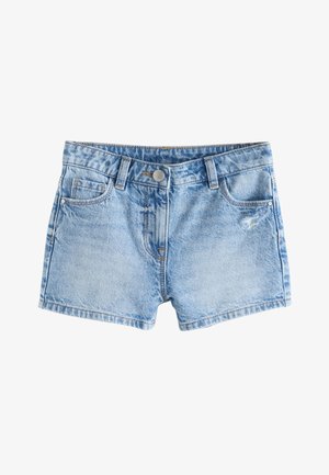Lyseblå denimshorts med knaplukning, bæltestropper, forlommer og en lille slidte detalje på højre side.
