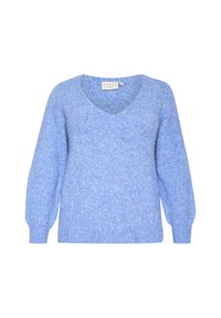 Pull bleu clair en tricot avec col en V, manches longues et ourlet côtelé. Tissu texturé avec une apparence douce et duveteuse.