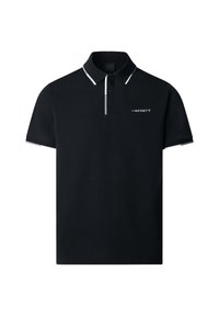 Polo negro de algodón con una tapeta de tres botones, ribetes blancos en el cuello y las mangas, que presenta el logo "HACKETT" en el pecho.