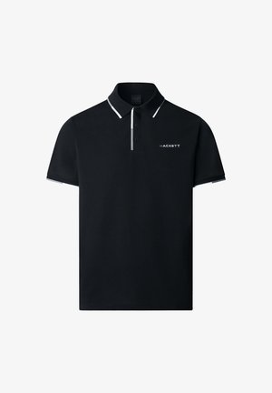 Schwarzes Poloshirt aus Baumwolle mit einer Drei-Knopf-Plackette, weißen Paspeln am Kragen und an den Ärmeln, mit dem "HACKETT"-Logo auf der Brust.
